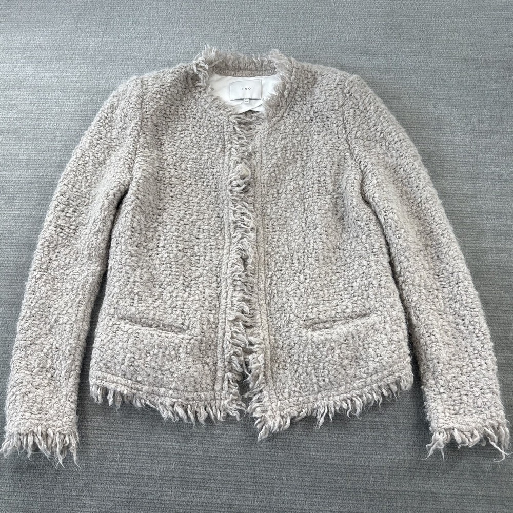 IRO Coffey Mohair Wool Boucle Jacket Beige Fringe Padded Shoulder Office Career